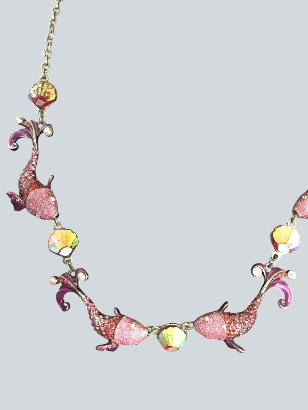 Betsey Johnson Koi Fish Statement Necklace Pink Enamel Crystal Rhinestone Sea